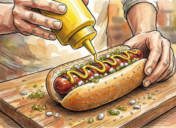 Hands adding toppings to a hotdog — close-up food photography showing mustard, relish, and onions being layered onto a bun