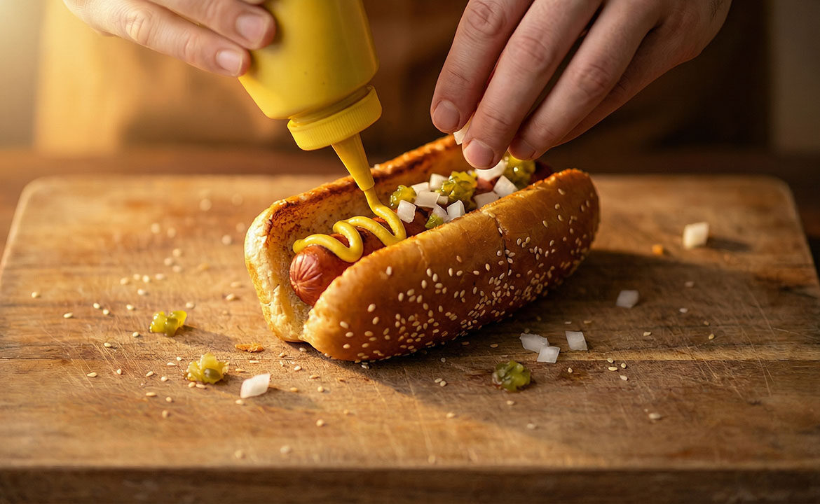 Hands adding toppings to a hotdog — close-up food photography showing mustard, relish, and onions being layered onto a bun