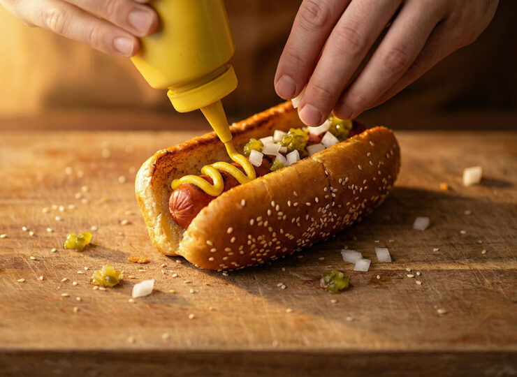 Hands adding toppings to a hotdog — close-up food photography showing mustard, relish, and onions being layered onto a bun