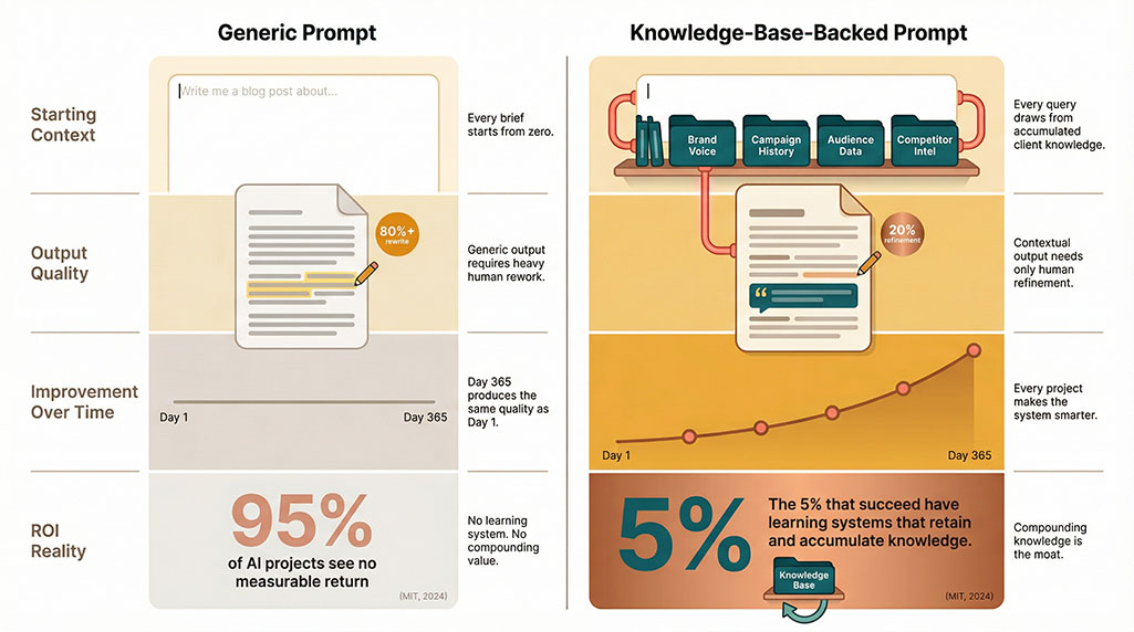 Two vertical comparison stacks showing Generic Prompt versus Knowledge-Base-Backed Prompt across four dimensions — starting context shows empty field versus knowledge-fed system, output quality shows 80% rewrite versus 20% refinement, improvement over time shows flat line versus rising curve with compounding milestones, ROI reality shows 95% failure rate versus the 5% that succeed through accumulated learning