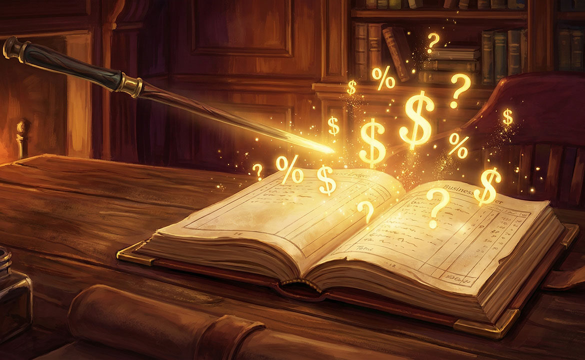 A glowing magic wand casting golden light over a business document, with numbers and symbols floating upward as hidden insights are magically revealed