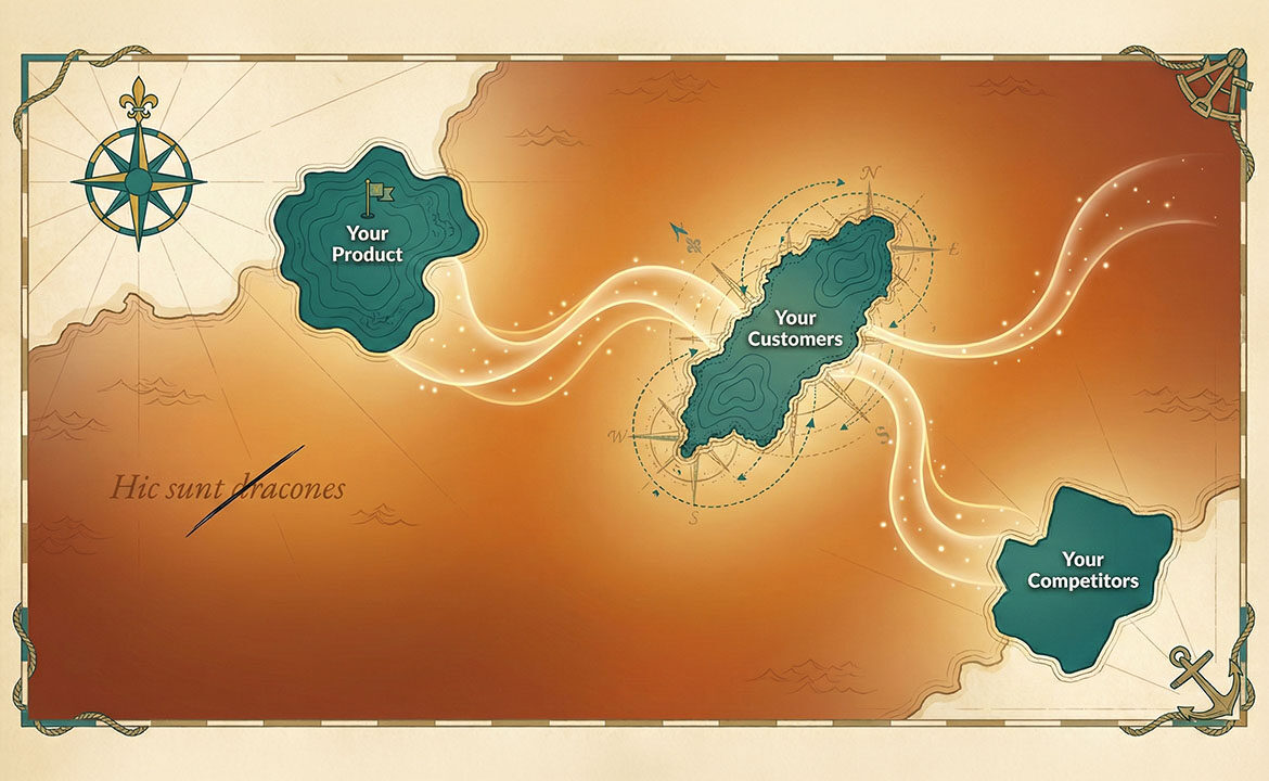 Illustrated nautical map showing three small teal islands labelled 'Your Product,' 'Your Customers,' and 'Your Competitors,' surrounded by a vast warm-amber ocean. Faint glowing pathways connect the islands through the unexplored space between them. A compass rose sits in the top-left corner, and crossed-out Latin text reading 'Hic sunt dracones' appears in the margin.