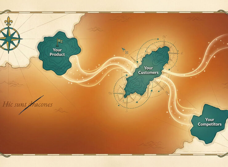 Illustrated nautical map showing three small teal islands labelled 'Your Product,' 'Your Customers,' and 'Your Competitors,' surrounded by a vast warm-amber ocean. Faint glowing pathways connect the islands through the unexplored space between them. A compass rose sits in the top-left corner, and crossed-out Latin text reading 'Hic sunt dracones' appears in the margin.