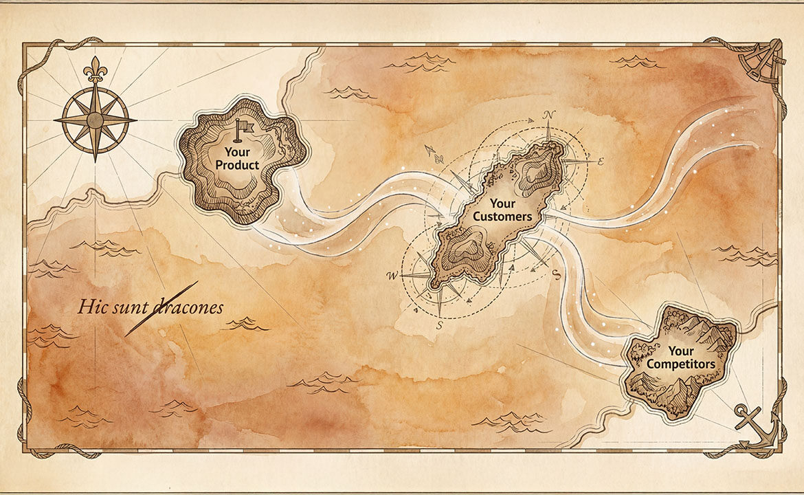 Illustrated nautical map showing three small teal islands labelled 'Your Product,' 'Your Customers,' and 'Your Competitors,' surrounded by a vast warm-amber ocean. Faint glowing pathways connect the islands through the unexplored space between them. A compass rose sits in the top-left corner, and crossed-out Latin text reading 'Hic sunt dracones' appears in the margin.