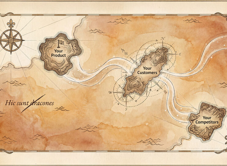 Illustrated nautical map showing three small teal islands labelled 'Your Product,' 'Your Customers,' and 'Your Competitors,' surrounded by a vast warm-amber ocean. Faint glowing pathways connect the islands through the unexplored space between them. A compass rose sits in the top-left corner, and crossed-out Latin text reading 'Hic sunt dracones' appears in the margin.