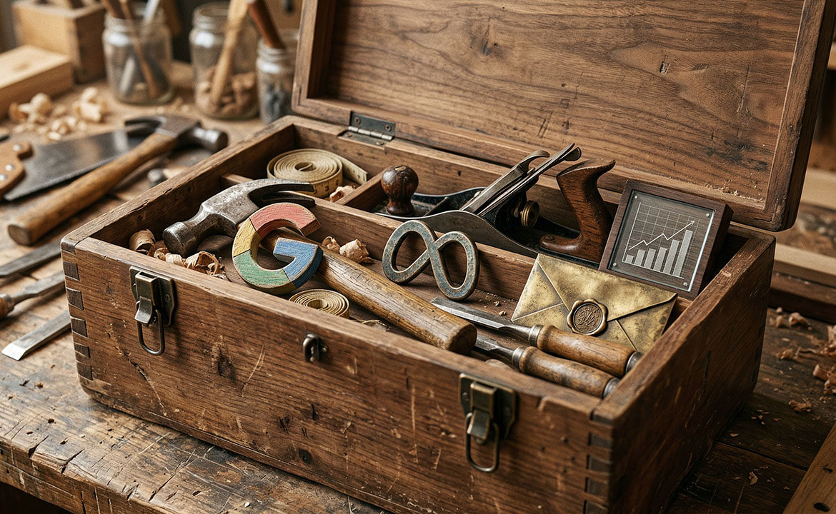 Open handmade wooden toolbox containing both traditional carpentry tools and modern marketing channel icons, representing integrated marketing capability