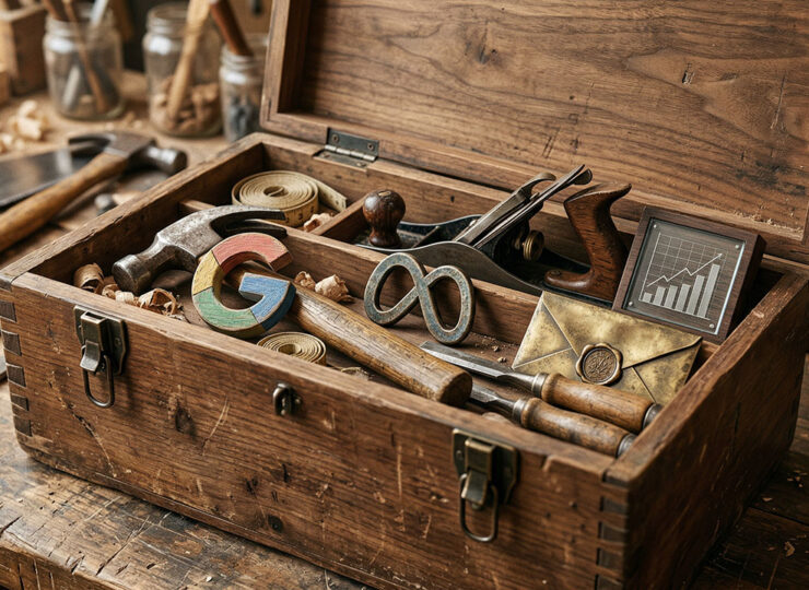 Open handmade wooden toolbox containing both traditional carpentry tools and modern marketing channel icons, representing integrated marketing capability
