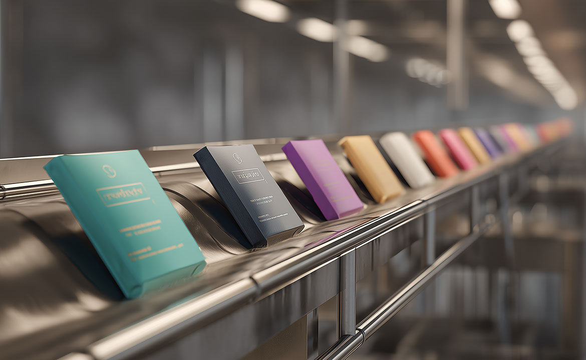 A conveyor belt carrying a row of marketing assets in different brand colors but identical layouts, stretching into soft focus, with a human hand reaching toward one of the cards from the edge of the frame.