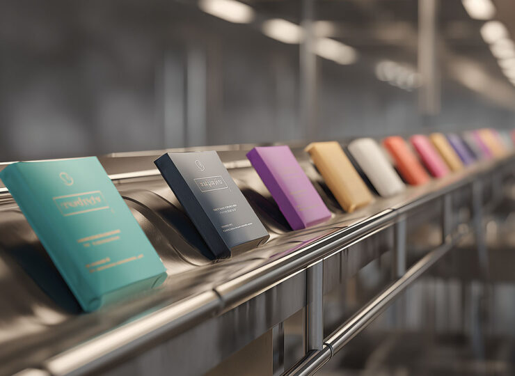 A conveyor belt carrying a row of marketing assets in different brand colors but identical layouts, stretching into soft focus, with a human hand reaching toward one of the cards from the edge of the frame.