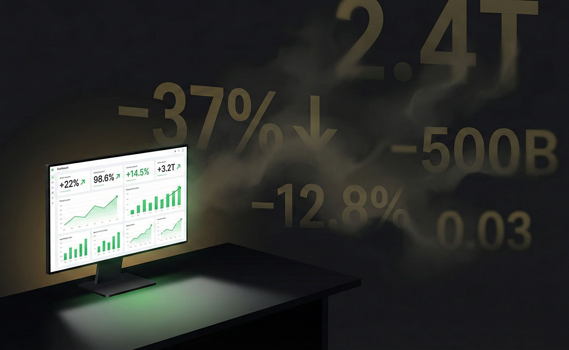 Illustration of a marketing dashboard showing green performance metrics, with the screen occupying only 40% of the frame while the remaining 60% fades into darkness, suggesting the majority of advertising value exists beyond what the dashboard can measure.