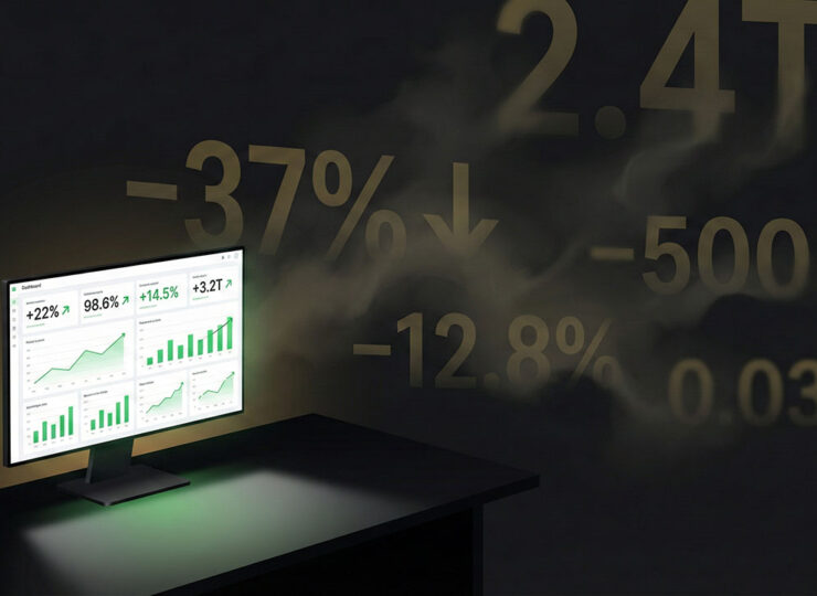 Illustration of a marketing dashboard showing green performance metrics, with the screen occupying only 40% of the frame while the remaining 60% fades into darkness, suggesting the majority of advertising value exists beyond what the dashboard can measure.