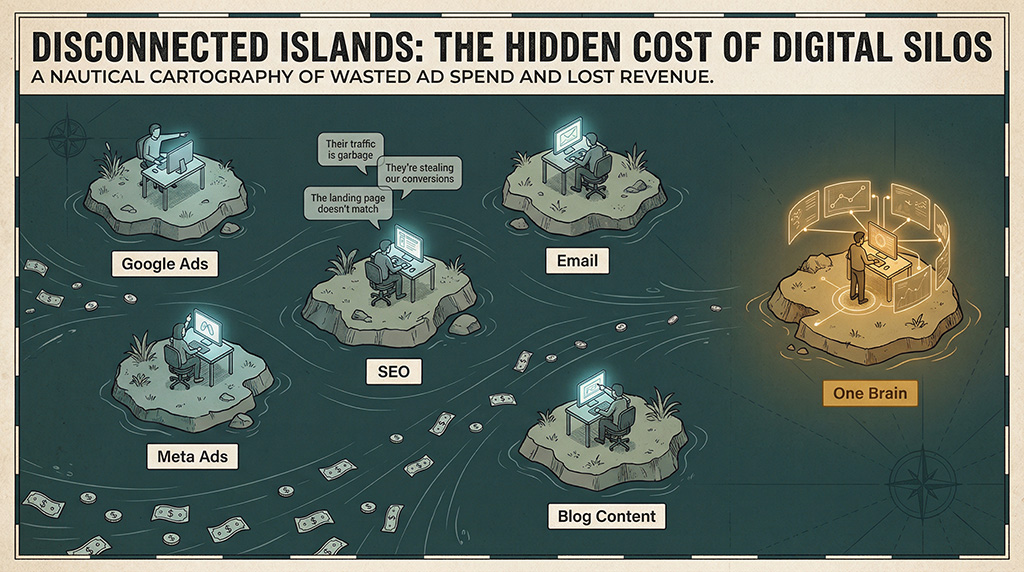 Five disconnected islands each representing a different marketing channel — Google Ads, Meta, SEO, Email, Blog — with no bridges between them and money floating away, while a single connected island labelled One Brain glows in the distance.