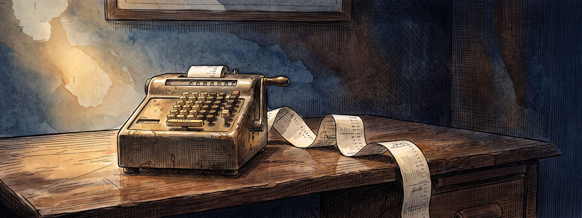 A lone mechanical adding machine on a dark desk, its paper tape unspooled and trailing out of frame.