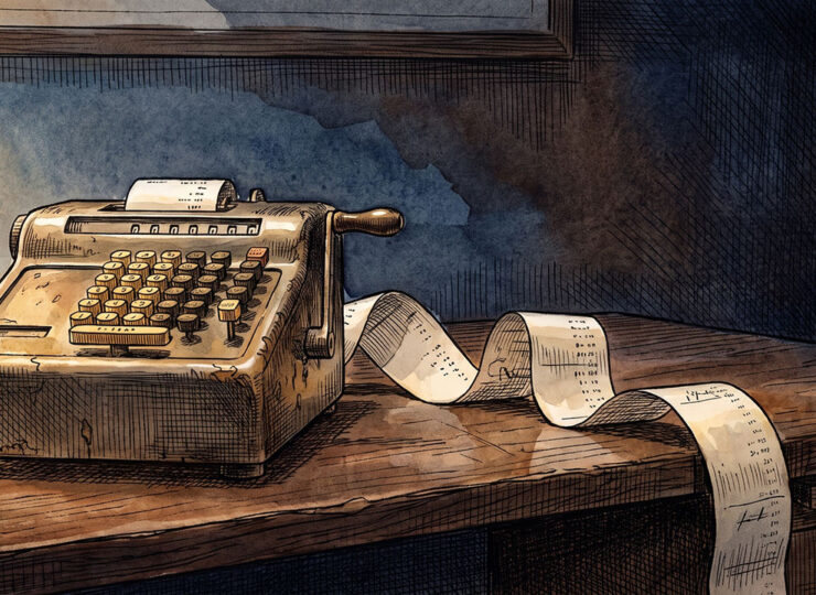 A lone mechanical adding machine on a dark desk, its paper tape unspooled and trailing out of frame.