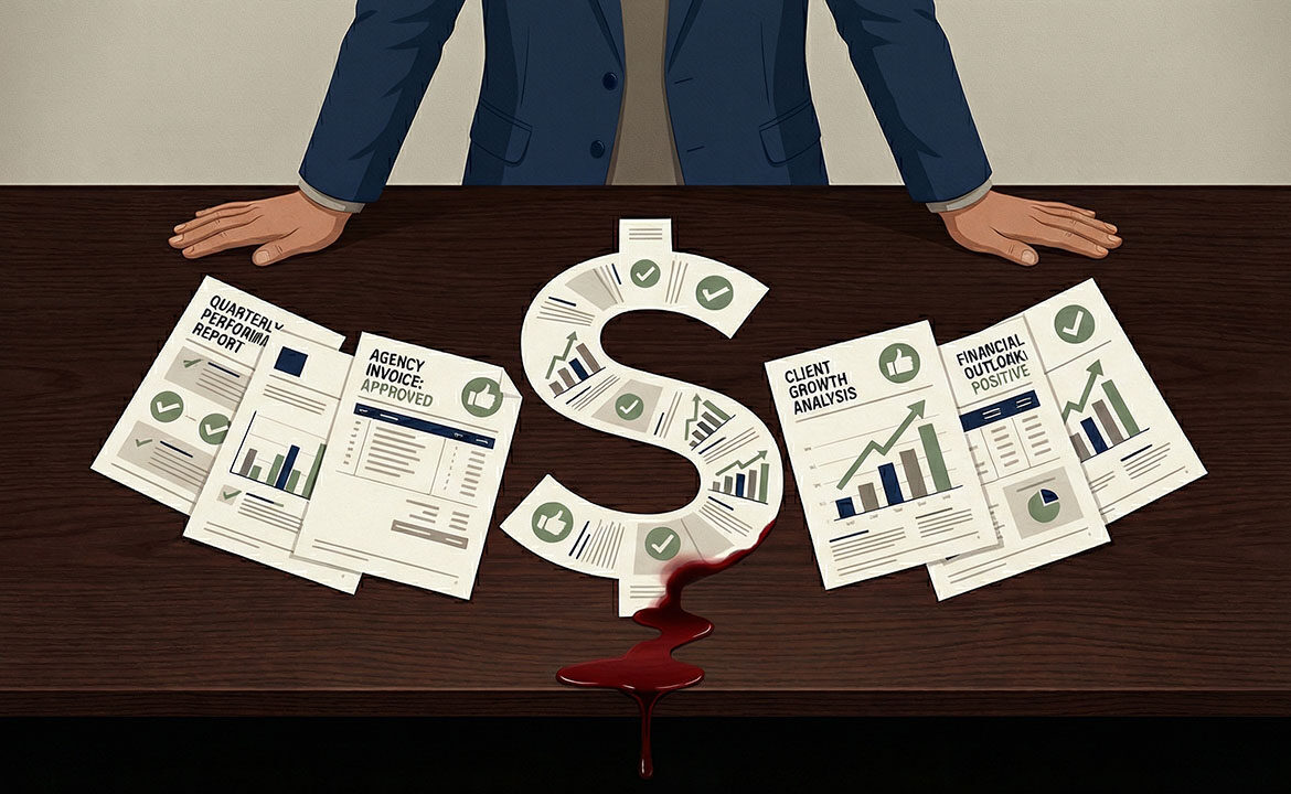 The B+ Trap illustrated — individual agency reports each showing positive metrics that hide the true cost of fragmented marketing when viewed together