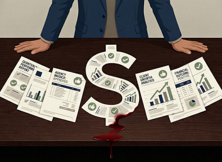 The B+ Trap illustrated — individual agency reports each showing positive metrics that hide the true cost of fragmented marketing when viewed together