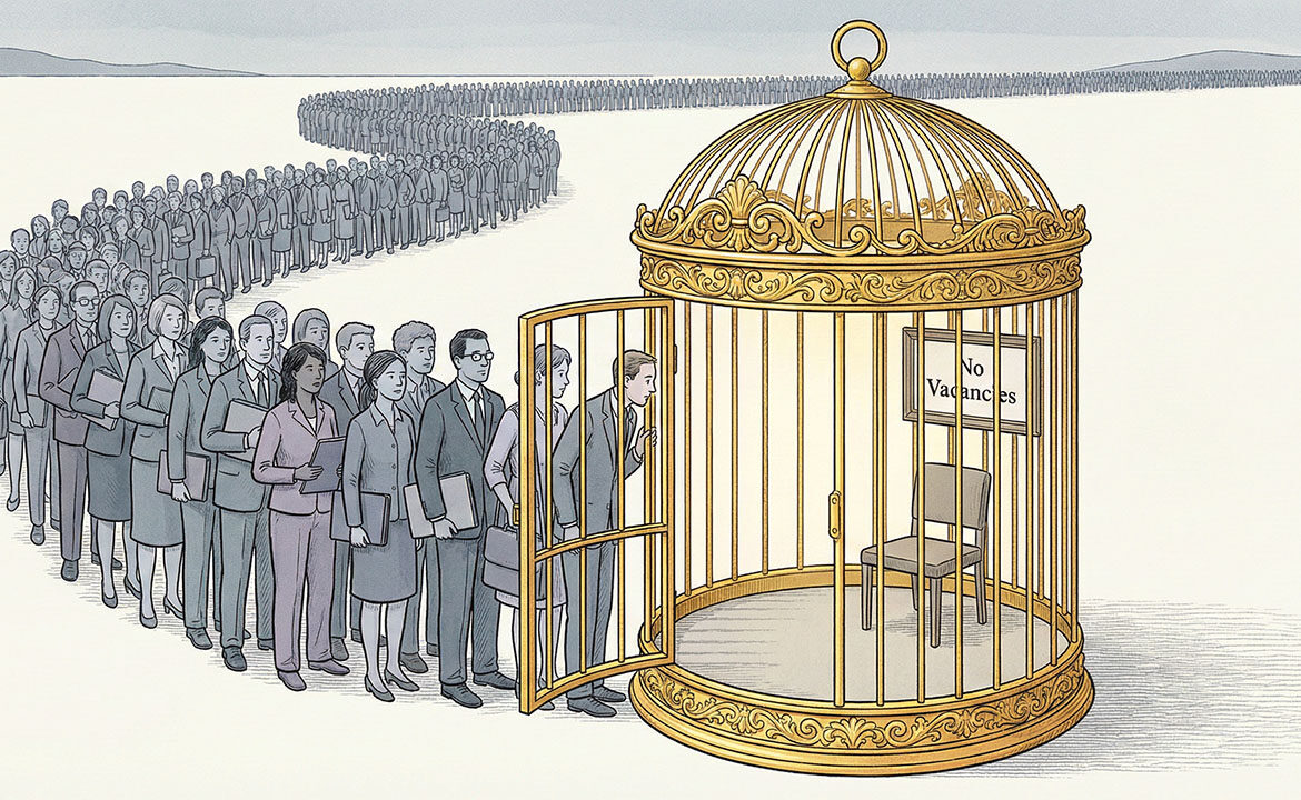 An ornate golden birdcage with its door wide open. Inside, a single chair faces the back wall where a 'No Vacancies' sign hangs. Outside the open door, a massive queue of people stretches to the horizon, unseen.