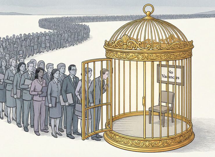 An ornate golden birdcage with its door wide open. Inside, a single chair faces the back wall where a 'No Vacancies' sign hangs. Outside the open door, a massive queue of people stretches to the horizon, unseen.