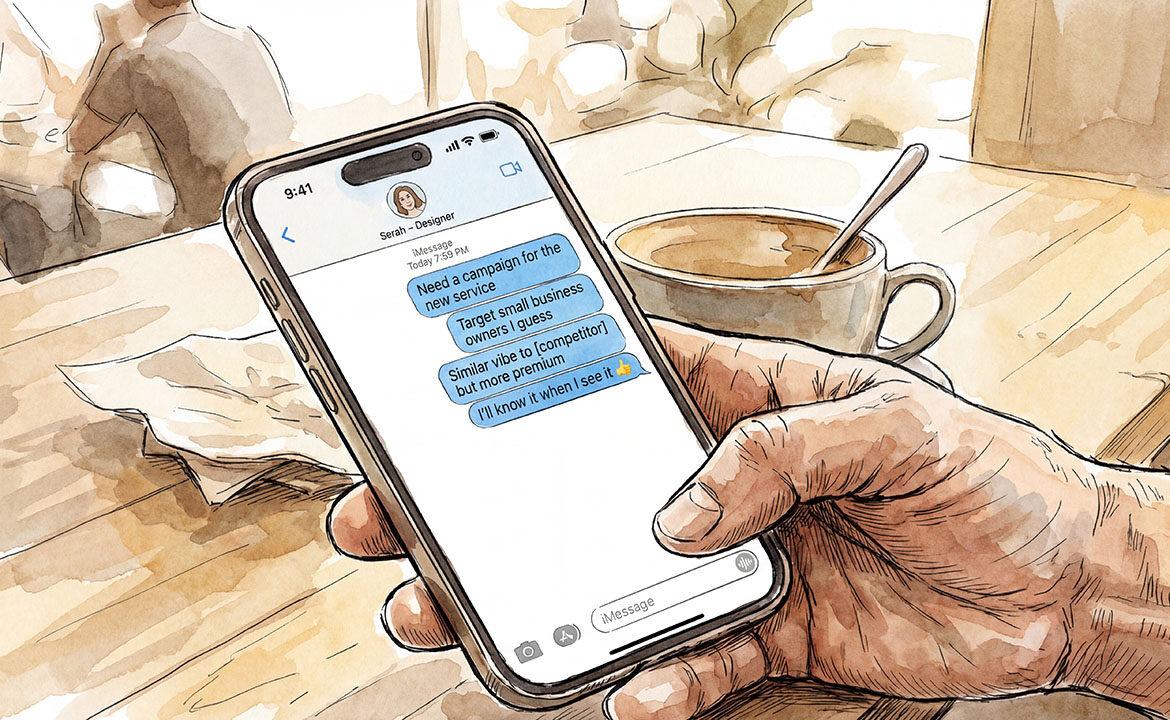 Close-up of a business owner's hand holding a smartphone with a messaging app open. The screen shows a hastily typed creative brief in four text messages, ending with "I'll know it when I see it" and a thumbs-up emoji.