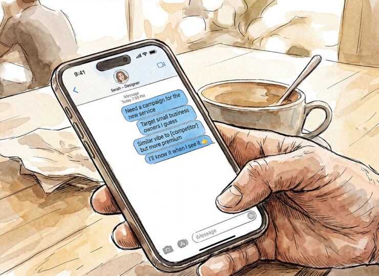 Close-up of a business owner's hand holding a smartphone with a messaging app open. The screen shows a hastily typed creative brief in four text messages, ending with "I'll know it when I see it" and a thumbs-up emoji.