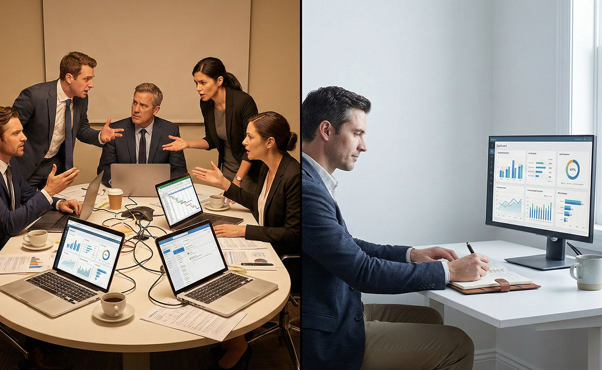 Split image contrasting a chaotic multi-agency meeting with a single strategist's unified command centre.