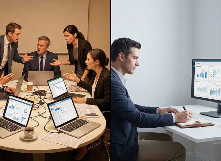 Split image contrasting a chaotic multi-agency meeting with a single strategist's unified command centre.