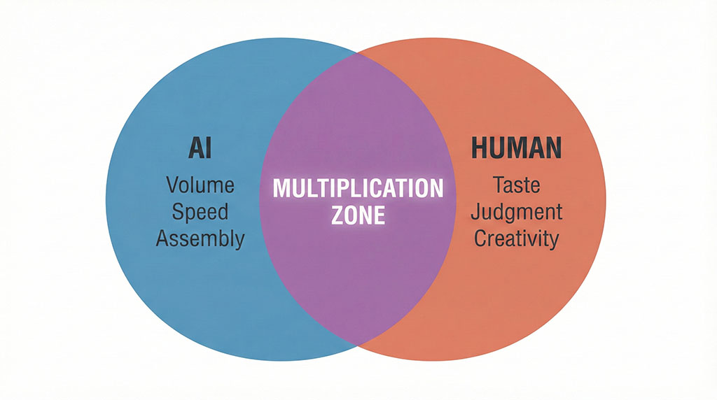 Venn diagram showing AI handling volume and speed, humans handling taste and creativity, with the overlap representing the multiplication zone where both work together.