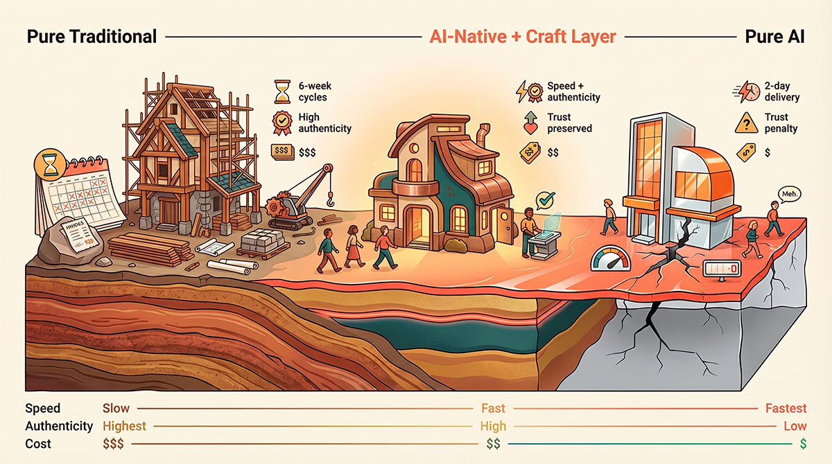 Cross-section terrain illustration showing three zones from left to right — Pure Traditional with deep bedrock foundation supporting a half-built structure surrounded by scaffolding, Pure AI with thin cracked surface supporting a generic finished building that people walk past, and the sweet spot AI-Native with Craft Layer where two ground layers merge with a glowing seam supporting a complete distinctive structure with warm light and people approaching