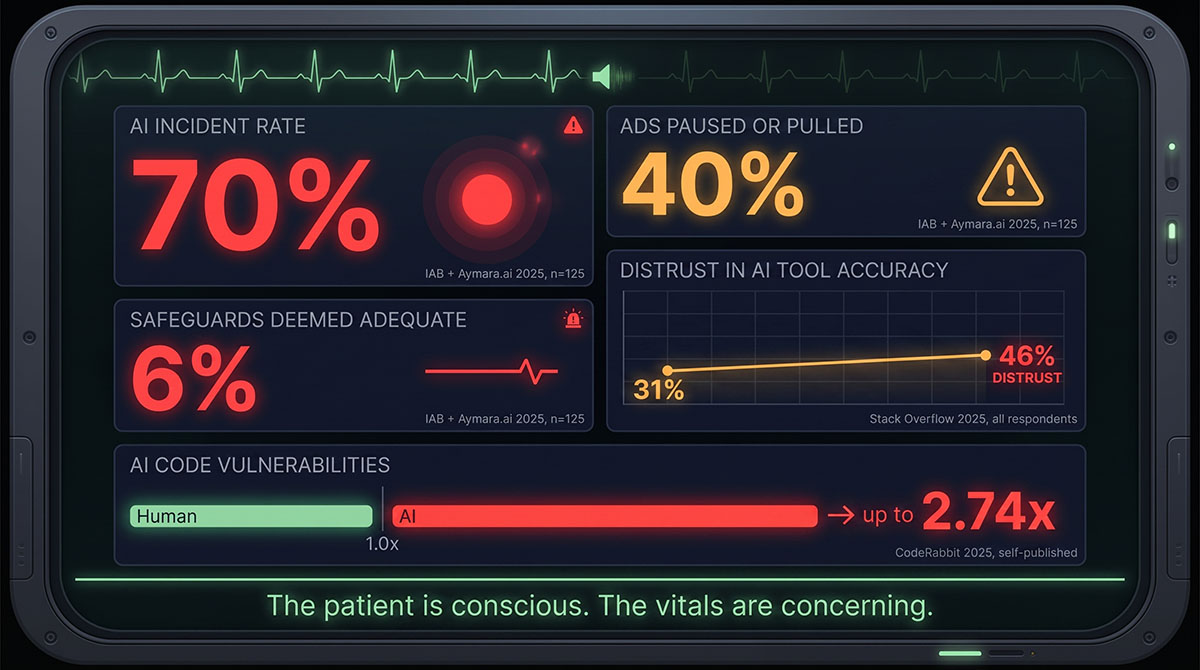 Dashboard styled as a hospital patient monitor showing five metrics: 70% of marketers have had an AI incident in advertising, 40% have paused or pulled ads, 6% say their safeguards are adequate (all IAB and Aymara.ai 2025, sample of 125), distrust in the accuracy of AI tool output rising from 31% to 46% (Stack Overflow 2025, all respondents), and up to 2.74 times more security vulnerabilities in AI co-authored code than human-written code (CodeRabbit 2025, self-published).
