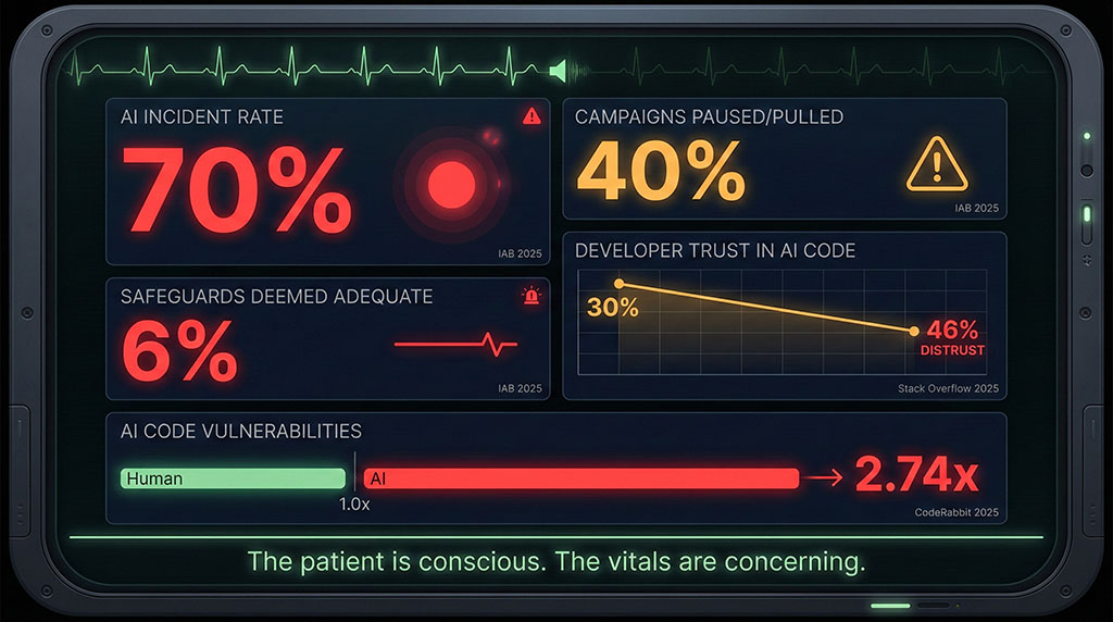 Data visualization styled as a medical patient monitor showing five warning metrics for vibe marketing: 70% AI incident rate, 40% campaigns pulled, only 6% adequate safeguards, 46% developer distrust in AI tools, and 2.74 times more security vulnerabilities in AI-generated code versus human-written code.
