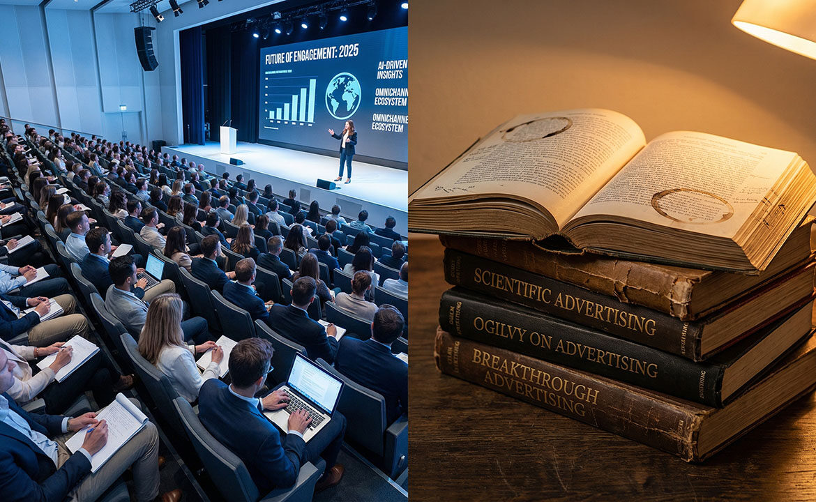 Marketing conference audience taking notes on ideas originally published in classic advertising books decades ago