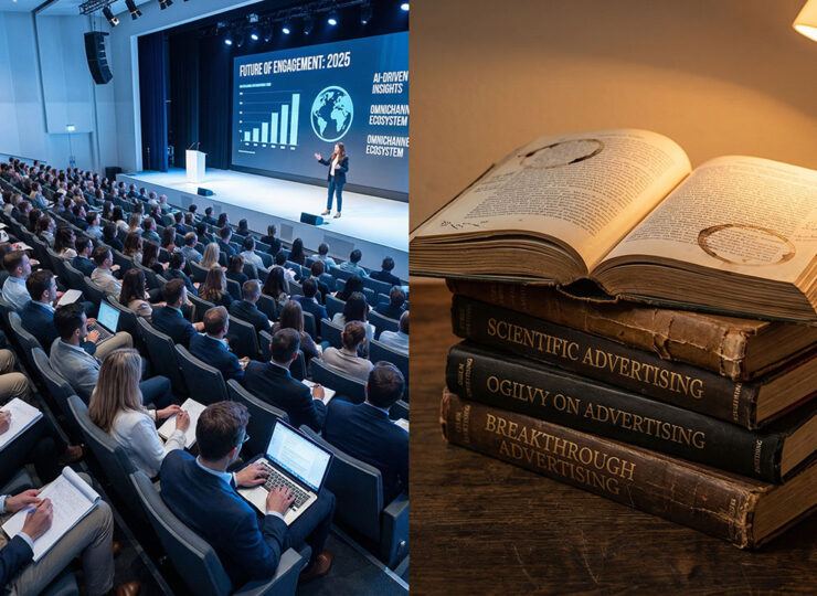 Marketing conference audience taking notes on ideas originally published in classic advertising books decades ago