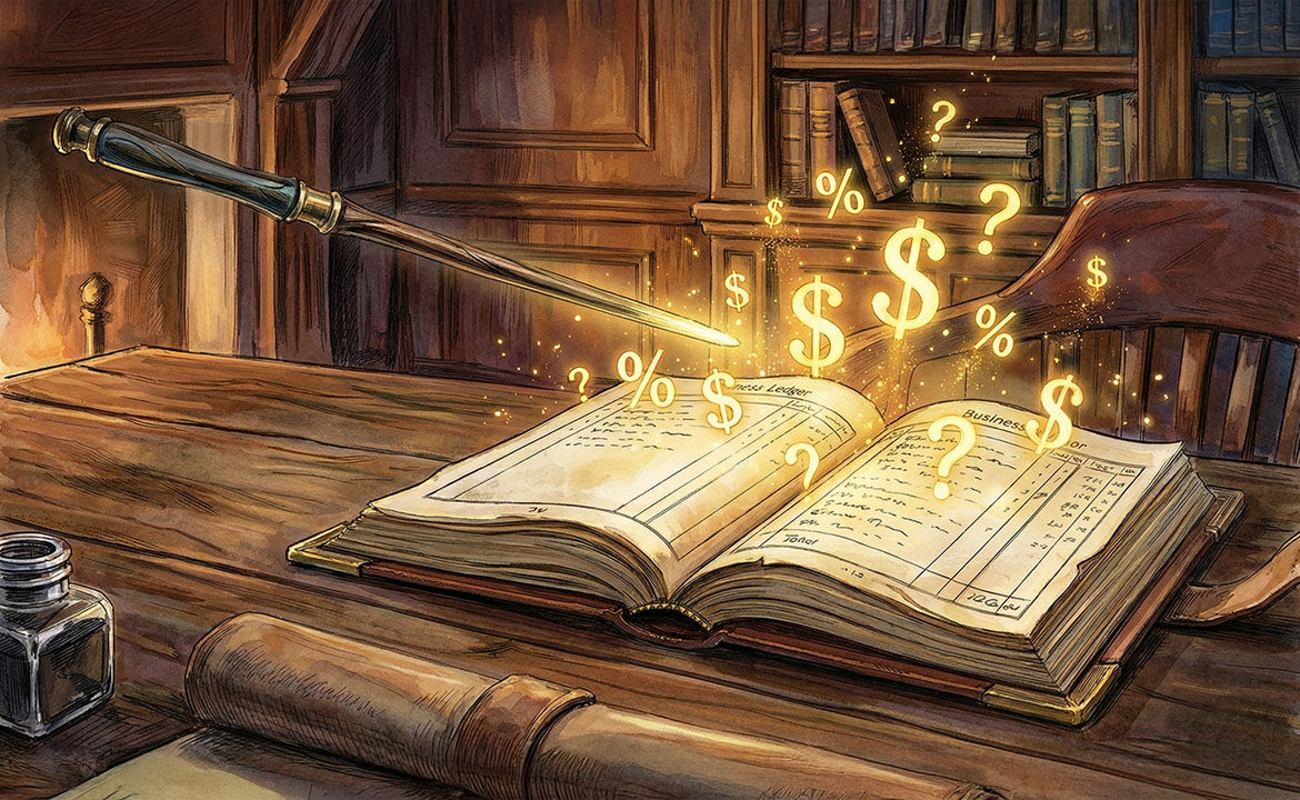 A glowing magic wand casting golden light over a business document, with numbers and symbols floating upward as hidden insights are magically revealed