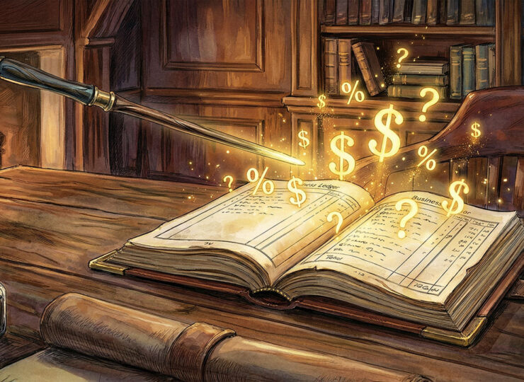 A glowing magic wand casting golden light over a business document, with numbers and symbols floating upward as hidden insights are magically revealed