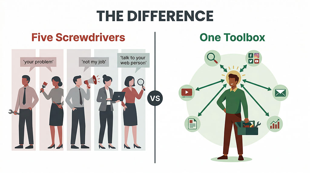 Split comparison: left side shows five separate specialists each holding one tool with gaps between them labeled 'your problem,' 'not my job,' and 'talk to your web person' — right side shows a single operator with a full toolbox connected to every marketing channel through a central brain.