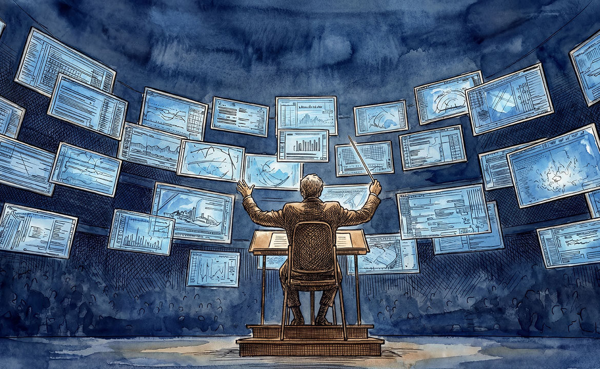 Person orchestrating multiple AI tools on screen—text generation, image creation, data analysis—with handwritten notes nearby, representing the shift from specialist execution to generalist orchestration.