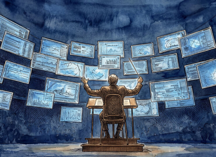Person orchestrating multiple AI tools on screen—text generation, image creation, data analysis—with handwritten notes nearby, representing the shift from specialist execution to generalist orchestration.