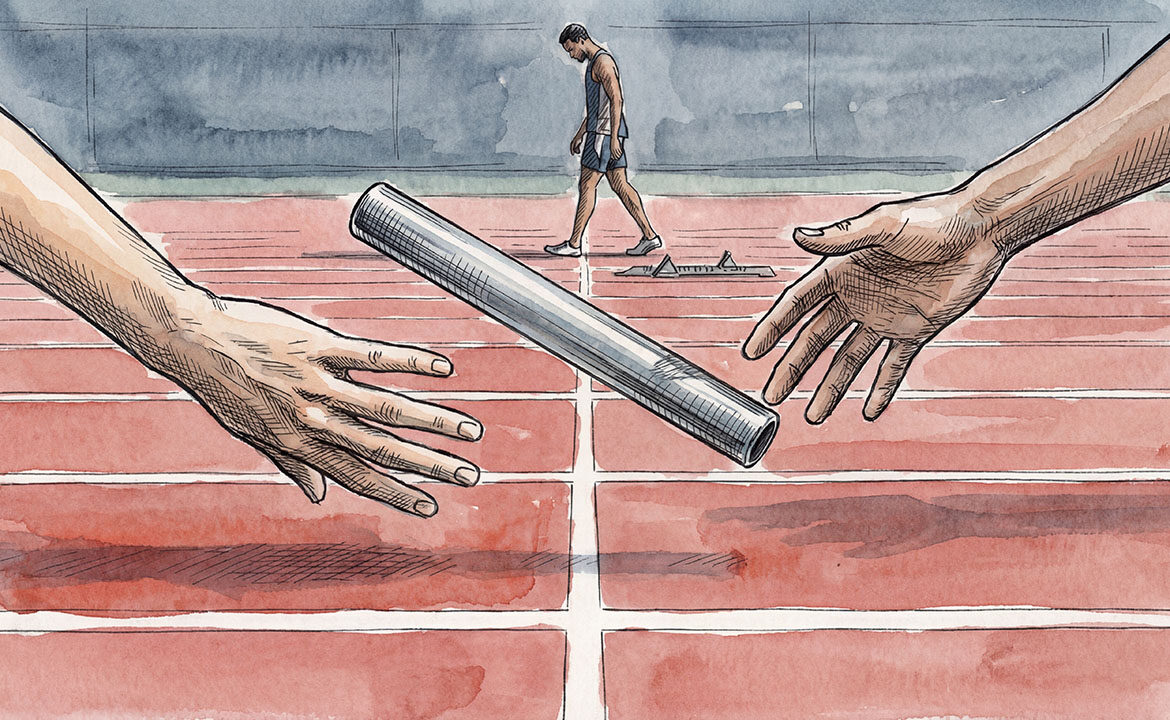 A relay baton suspended mid-air between two blurred hands during a failed handoff, with a solo runner in sharp focus already past the finish line in the background.
