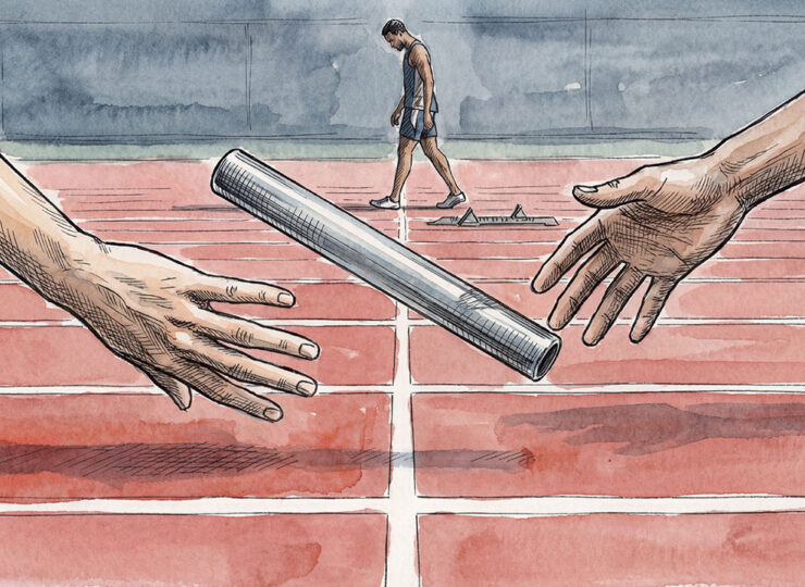 A relay baton suspended mid-air between two blurred hands during a failed handoff, with a solo runner in sharp focus already past the finish line in the background.
