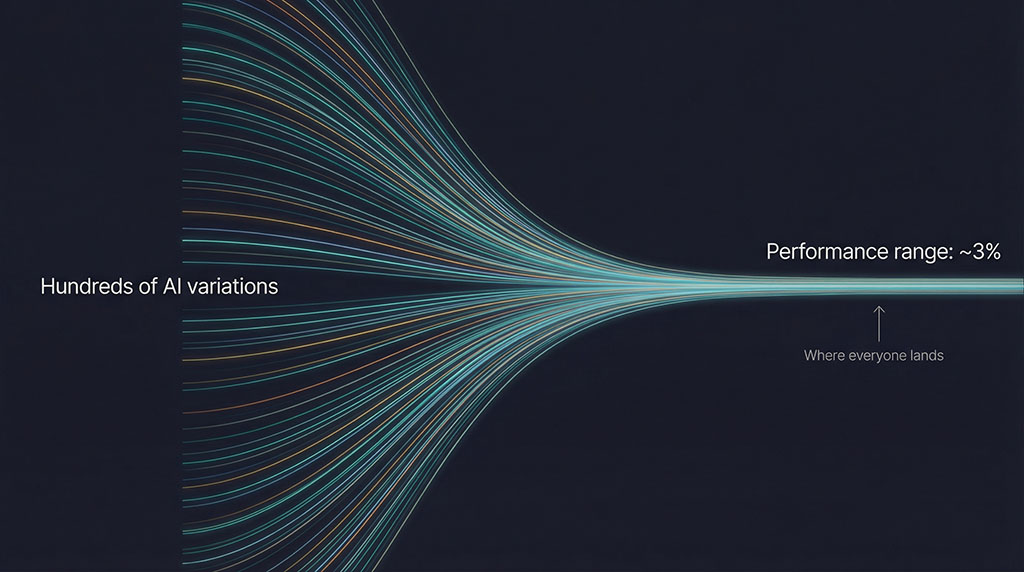 Diagram showing hundreds of AI-generated ad variations converging into a narrow 3% performance band, illustrating that volume alone doesn't create differentiation