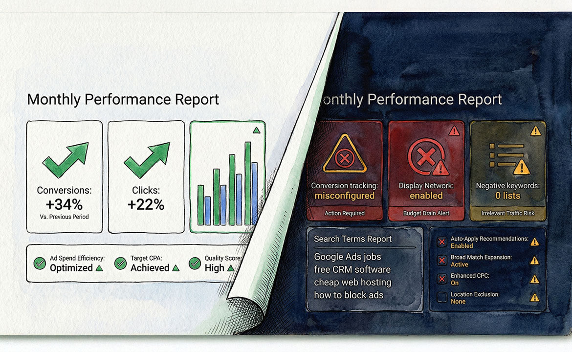 Split illustration showing a polished Google Ads performance report with green metrics on the left, peeling away to reveal red warning indicators and misconfigured settings on the right.