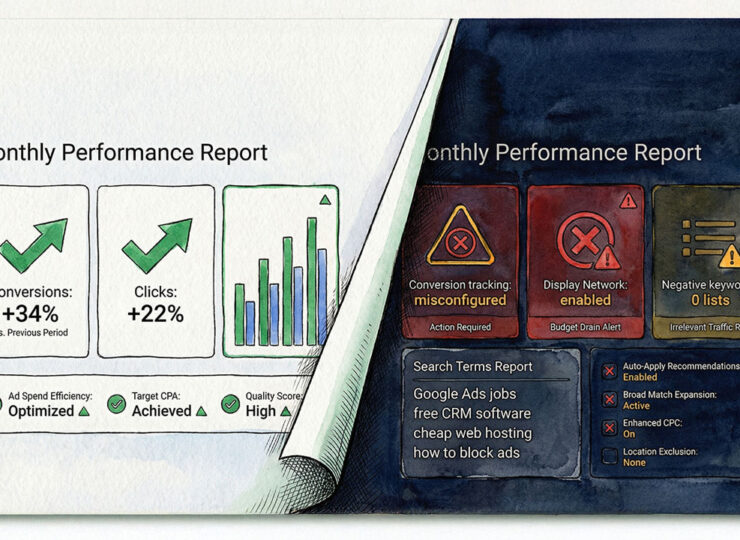 Split illustration showing a polished Google Ads performance report with green metrics on the left, peeling away to reveal red warning indicators and misconfigured settings on the right.