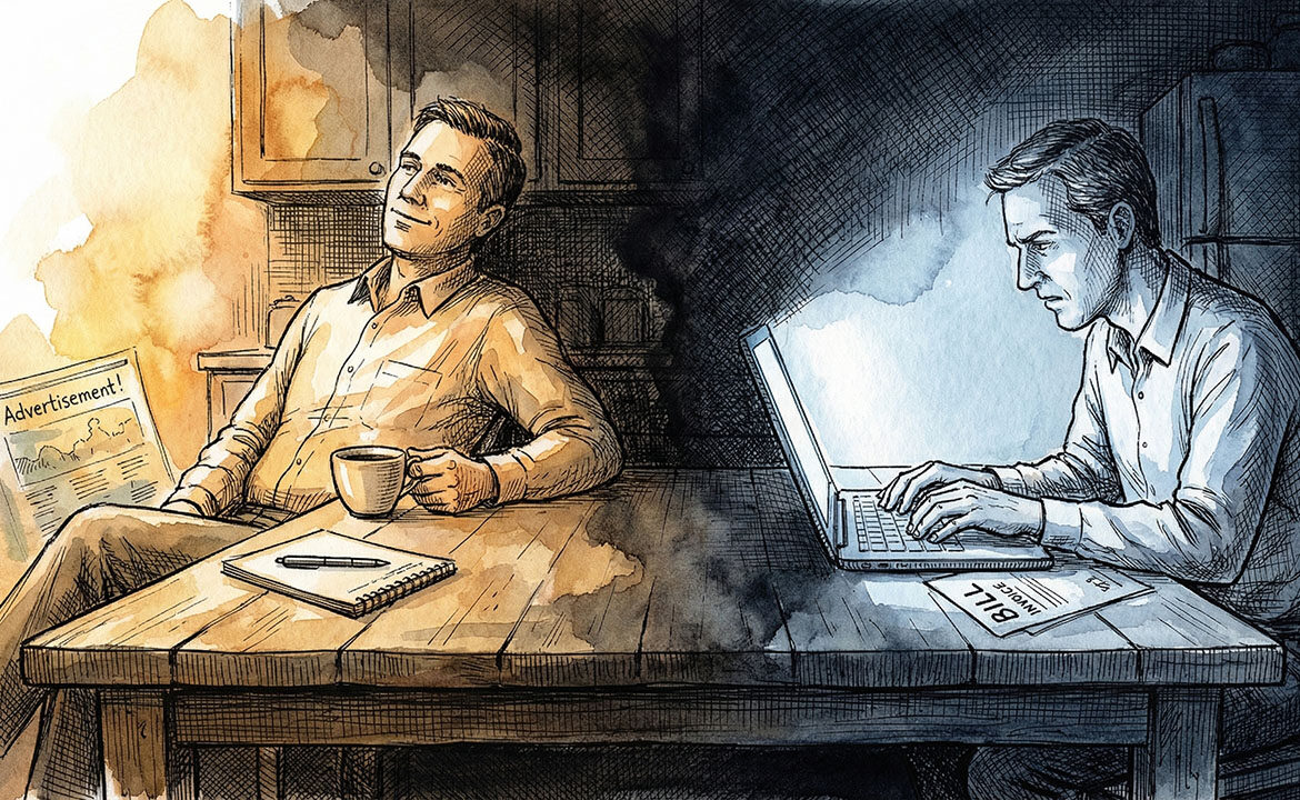 Split illustration showing a polished professional persona card on the left and the same person scrolling their phone anxiously at night on the right, representing the gap between the public and private buyer self