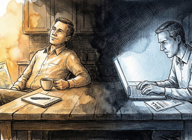 Split illustration showing a polished professional persona card on the left and the same person scrolling their phone anxiously at night on the right, representing the gap between the public and private buyer self