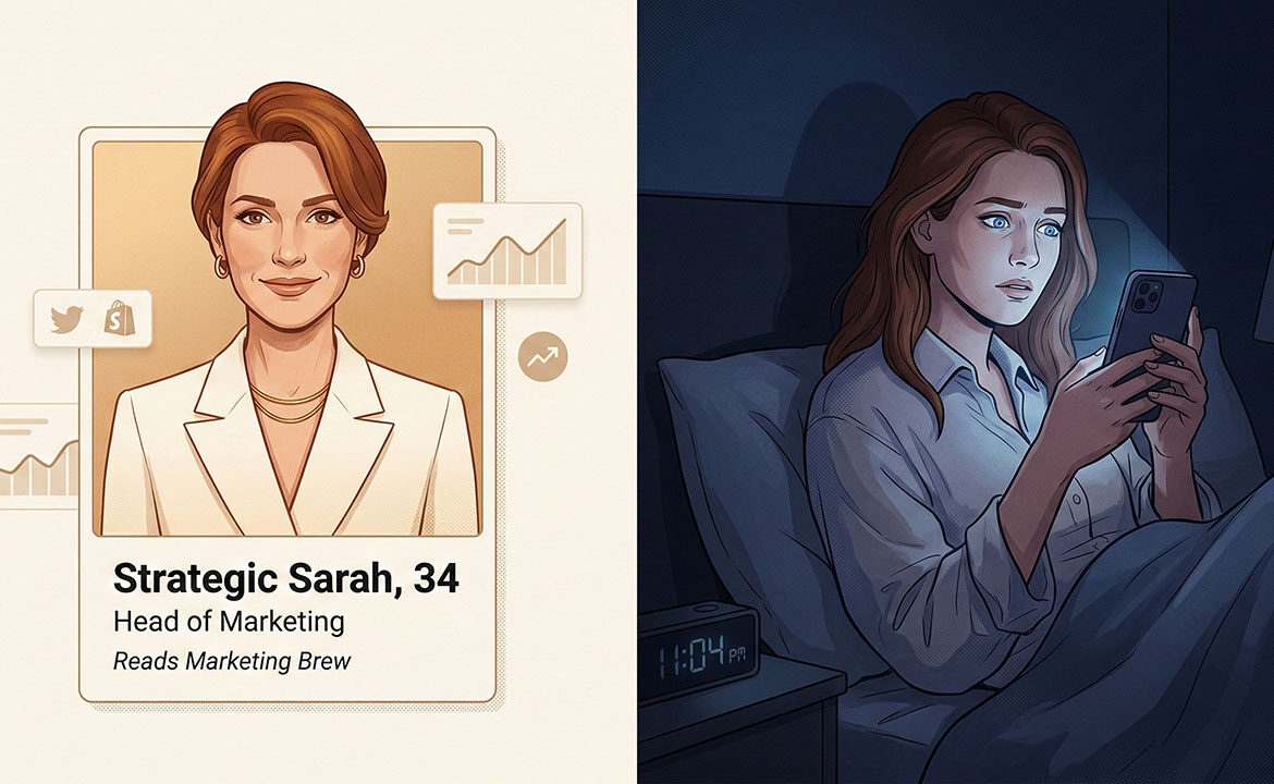 Split illustration showing a polished professional persona card on the left and the same person scrolling their phone anxiously at night on the right, representing the gap between the public and private buyer self