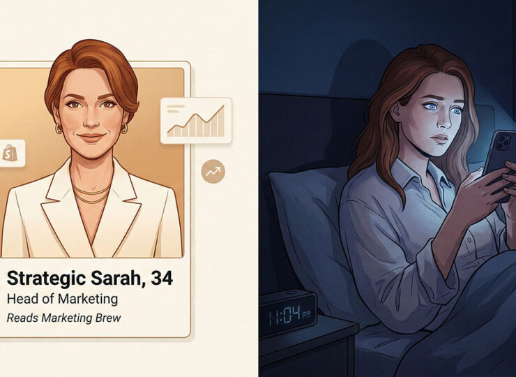 Split illustration showing a polished professional persona card on the left and the same person scrolling their phone anxiously at night on the right, representing the gap between the public and private buyer self