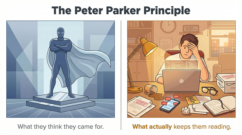 Two-panel illustration comparing the Peter Parker Principle. Left panel shows a polished superhero silhouette in cool blue tones, captioned 'What they think they came for.' Right panel shows a stressed person at a cluttered desk with spilled coffee and buzzing phone in warm amber tones, captioned 'What actually keeps them reading.