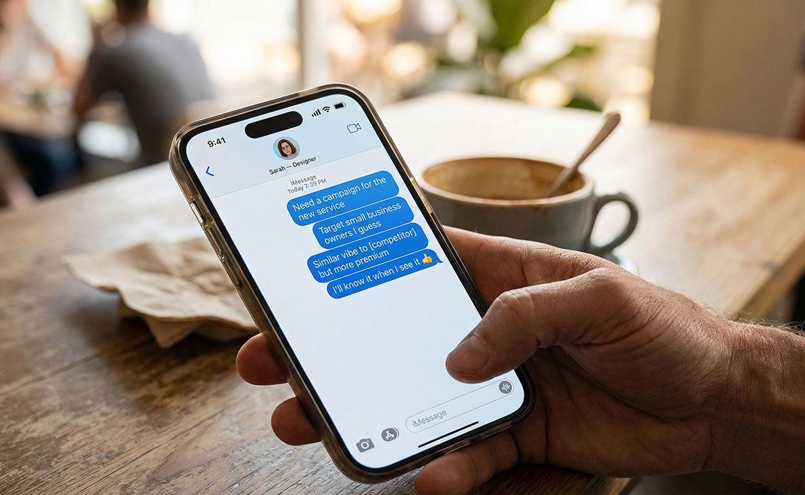 Close-up of a business owner's hand holding a smartphone with a messaging app open. The screen shows a hastily typed creative brief in four text messages, ending with "I'll know it when I see it" and a thumbs-up emoji.
