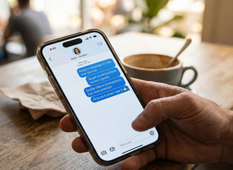 Close-up of a business owner's hand holding a smartphone with a messaging app open. The screen shows a hastily typed creative brief in four text messages, ending with "I'll know it when I see it" and a thumbs-up emoji.