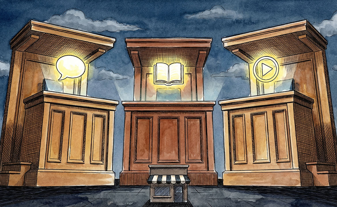 Three illustrated judge benches side by side, each with a different symbol above it — a speech bubble, an open book, and a play button — while a single small business stands before all three, representing how AI search platforms evaluate trustworthiness using completely different criteria.